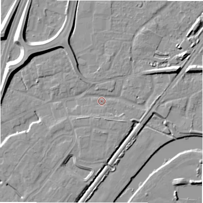 Shaded relief map of the ground around DE143ET, computed from Environment Agency LiDAR. The ground here sits at about 47 m above sea level and falls 11 m across the surrounding 800 m. Surface water reaching this point runs off ground lying to the east-north-east, 7.3 m higher.