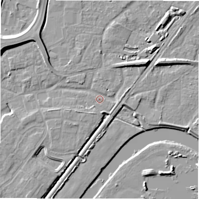 Shaded relief map of the ground around DE143EU, computed from Environment Agency LiDAR. The ground here sits at about 48 m above sea level and falls 10 m across the surrounding 800 m. Surface water reaching this point runs off ground lying to the north-east, 7.3 m higher.