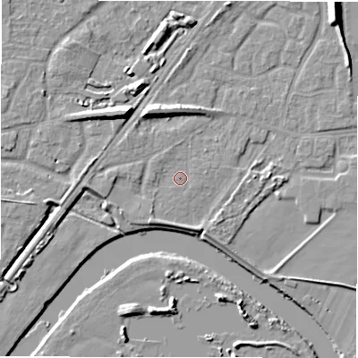 Shaded relief map of the ground around DE143EW, computed from Environment Agency LiDAR. The ground here sits at about 47 m above sea level and falls 9 m across the surrounding 800 m. The ground contributing surface water to this point lies to the south-east.