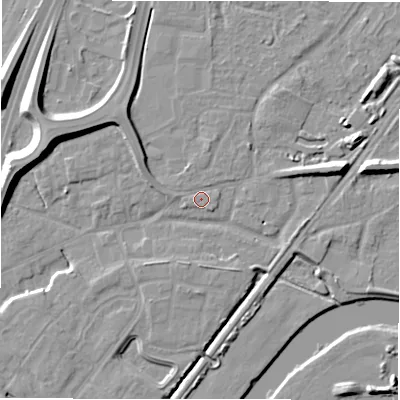 Shaded relief map of the ground around DE143EX, computed from Environment Agency LiDAR. The ground here sits at about 48 m above sea level and falls 11 m across the surrounding 800 m. Surface water reaching this point runs off ground lying to the west, 1.0 m higher.