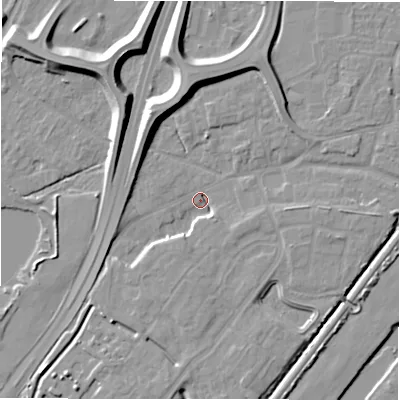 Shaded relief map of the ground around DE143EY, computed from Environment Agency LiDAR. The ground here sits at about 47 m above sea level and falls 11 m across the surrounding 800 m. Surface water reaching this point runs off ground lying to the south-south-west, 4.7 m higher.