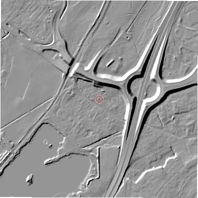 Shaded relief map of the ground around DE143EZ, computed from Environment Agency LiDAR. The ground here sits at about 48 m above sea level and falls 11 m across the surrounding 800 m. Surface water reaching this point runs off ground lying to the north, 7.1 m higher.