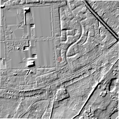 Shaded relief map of the ground around DE143FB, computed from Environment Agency LiDAR. The ground here sits at about 47 m above sea level and falls 7 m across the surrounding 800 m. Surface water reaching this point runs off ground lying to the east-north-east, 0.9 m higher.