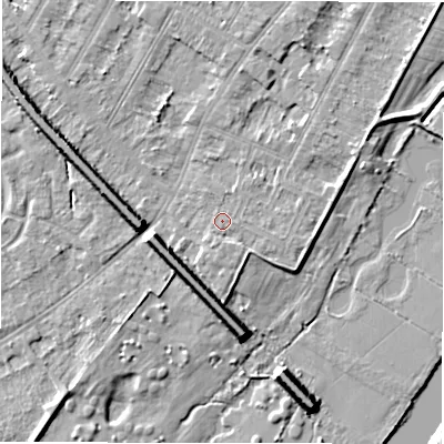 Shaded relief map of the ground around DE143FD, computed from Environment Agency LiDAR. The ground here sits at about 47 m above sea level and falls 9 m across the surrounding 800 m. Surface water reaching this point runs off ground lying to the south-south-east, 1.6 m higher.