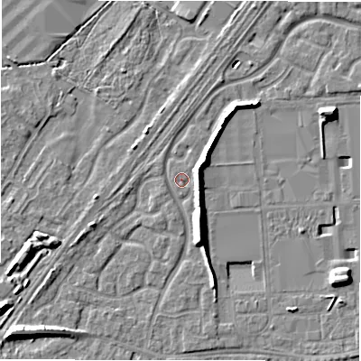 Shaded relief map of the ground around DE143FH, computed from Environment Agency LiDAR. The ground here sits at about 47 m above sea level and falls 10 m across the surrounding 800 m. Surface water reaching this point runs off ground lying to the east-north-east, 5.4 m higher.