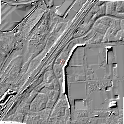 Shaded relief map of the ground around DE143FJ, computed from Environment Agency LiDAR. The ground here sits at about 47 m above sea level and falls 10 m across the surrounding 800 m. Surface water reaching this point runs off ground lying to the south-west, 1.1 m higher.