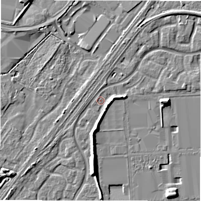 Shaded relief map of the ground around DE143FL, computed from Environment Agency LiDAR. The ground here sits at about 47 m above sea level and falls 10 m across the surrounding 800 m. Surface water reaching this point runs off ground lying to the south-south-west, 6.4 m higher.