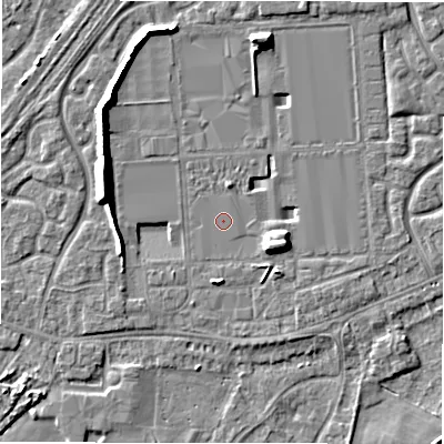 Shaded relief map of the ground around DE143FN, computed from Environment Agency LiDAR. The ground here sits at about 46 m above sea level and falls 8 m across the surrounding 800 m. Surface water reaching this point runs off ground lying to the west-north-west, 7.9 m higher.