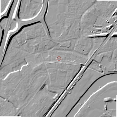 Shaded relief map of the ground around DE143FP, computed from Environment Agency LiDAR. The ground here sits at about 48 m above sea level and falls 11 m across the surrounding 800 m. Surface water reaching this point runs off ground lying to the south-south-east, 1.8 m higher.