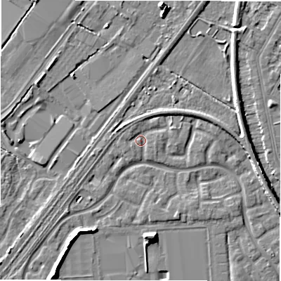 Shaded relief map of the ground around DE143FQ, computed from Environment Agency LiDAR. The ground here sits at about 47 m above sea level and falls 9 m across the surrounding 800 m. Surface water reaching this point runs off ground lying to the east-north-east, 2.0 m higher.
