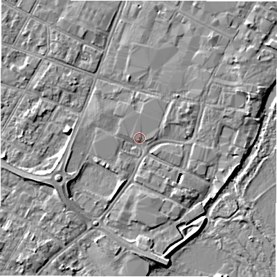 Shaded relief map of the ground around DE143FR, computed from Environment Agency LiDAR. The ground here sits at about 46 m above sea level and falls 8 m across the surrounding 800 m. Surface water reaching this point runs off ground lying to the west-south-west, 3.6 m higher.