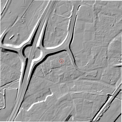 Shaded relief map of the ground around DE143FU, computed from Environment Agency LiDAR. The ground here sits at about 49 m above sea level and falls 11 m across the surrounding 800 m. The ground contributing surface water to this point lies to the south.