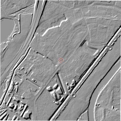 Shaded relief map of the ground around DE143FW, computed from Environment Agency LiDAR. The ground here sits at about 49 m above sea level and falls 10 m across the surrounding 800 m. Surface water reaching this point runs off ground lying to the south-west, 2.9 m higher.