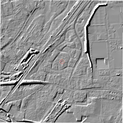 Shaded relief map of the ground around DE143GA, computed from Environment Agency LiDAR. The ground here sits at about 46 m above sea level and falls 9 m across the surrounding 800 m. Surface water reaching this point runs off ground lying to the west-south-west, 6.8 m higher.
