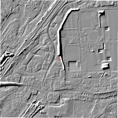 Shaded relief map of the ground around DE143GB, computed from Environment Agency LiDAR. The ground here sits at about 47 m above sea level and falls 8 m across the surrounding 800 m. Surface water reaching this point runs off ground lying to the north, 7.3 m higher.