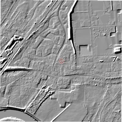 Shaded relief map of the ground around DE143GD, computed from Environment Agency LiDAR. The ground here sits at about 47 m above sea level and falls 9 m across the surrounding 800 m. Surface water reaching this point runs off ground lying to the north-north-east, 7.3 m higher.