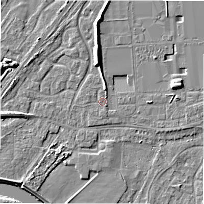 Shaded relief map of the ground around DE143GE, computed from Environment Agency LiDAR. The ground here sits at about 47 m above sea level and falls 9 m across the surrounding 800 m. Surface water reaching this point runs off ground lying to the north-north-east, 3.1 m higher.