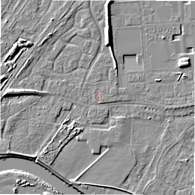 Shaded relief map of the ground around DE143GF, computed from Environment Agency LiDAR. The ground here sits at about 47 m above sea level and falls 9 m across the surrounding 800 m. Surface water reaching this point runs off ground lying to the north, 7.6 m higher.