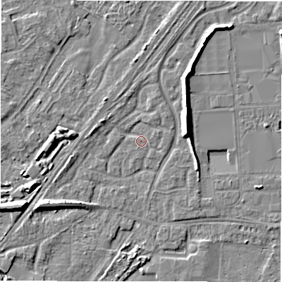 Shaded relief map of the ground around DE143GG, computed from Environment Agency LiDAR. The ground here sits at about 47 m above sea level and falls 8 m across the surrounding 800 m. Surface water reaching this point runs off ground lying to the west-south-west, 6.7 m higher.