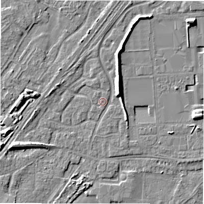 Shaded relief map of the ground around DE143GH, computed from Environment Agency LiDAR. The ground here sits at about 47 m above sea level and falls 8 m across the surrounding 800 m. Surface water reaching this point runs off ground lying to the west-south-west, 6.8 m higher.