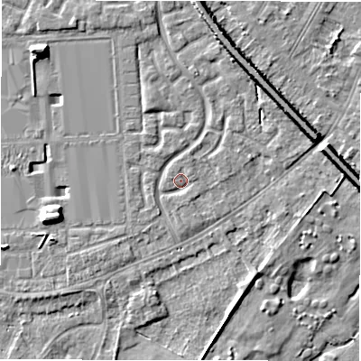 Shaded relief map of the ground around DE143GJ, computed from Environment Agency LiDAR. The ground here sits at about 47 m above sea level and falls 7 m across the surrounding 800 m. Surface water reaching this point runs off ground lying to the north-east, 1.0 m higher.