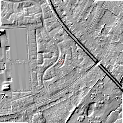 Shaded relief map of the ground around DE143GL, computed from Environment Agency LiDAR. The ground here sits at about 46 m above sea level and falls 8 m across the surrounding 800 m. Surface water reaching this point runs off ground lying to the south-west, 1.2 m higher.