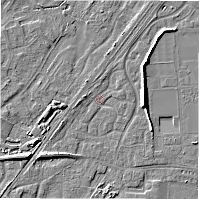 Shaded relief map of the ground around DE143GN, computed from Environment Agency LiDAR. The ground here sits at about 47 m above sea level and falls 10 m across the surrounding 800 m. Surface water reaching this point runs off ground lying to the south-west, 6.7 m higher.