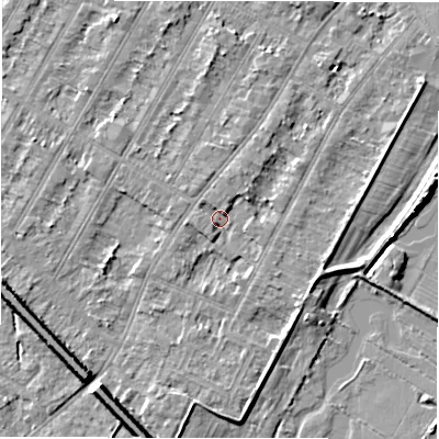 Shaded relief map of the ground around DE143GP, computed from Environment Agency LiDAR. The ground here sits at about 46 m above sea level and falls 8 m across the surrounding 800 m. Surface water reaching this point runs off ground lying to the west, 1.7 m higher.