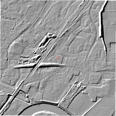 Shaded relief map of the ground around DE143GR, computed from Environment Agency LiDAR. The ground here sits at about 47 m above sea level and falls 9 m across the surrounding 800 m. Surface water reaching this point runs off ground lying to the south, 2.8 m higher.