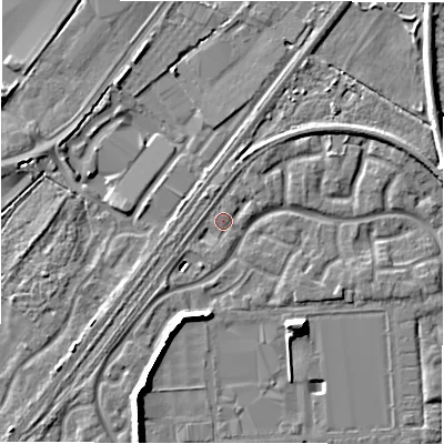 Shaded relief map of the ground around DE143GS, computed from Environment Agency LiDAR. The ground here sits at about 47 m above sea level and falls 9 m across the surrounding 800 m. Surface water reaching this point runs off ground lying to the north-north-east, 1.9 m higher.