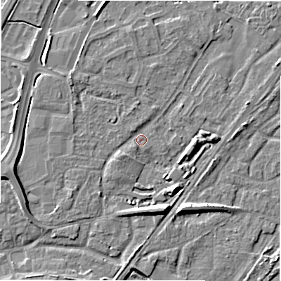 Shaded relief map of the ground around DE143GU, computed from Environment Agency LiDAR. The ground here sits at about 47 m above sea level and falls 8 m across the surrounding 800 m. Surface water reaching this point runs off ground lying to the south-west, 1.8 m higher.