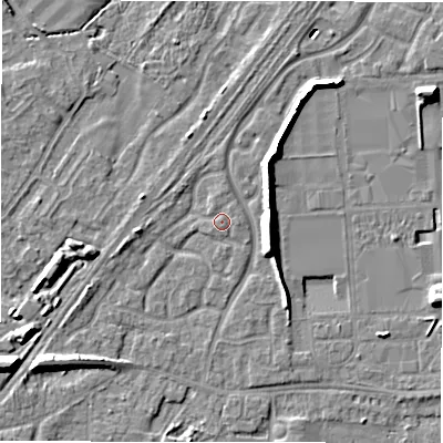 Shaded relief map of the ground around DE143GW, computed from Environment Agency LiDAR. The ground here sits at about 47 m above sea level and falls 10 m across the surrounding 800 m. Surface water reaching this point runs off ground lying to the north, 0.8 m higher.