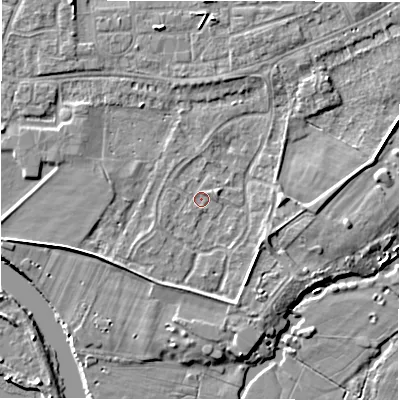 Shaded relief map of the ground around DE143GX, computed from Environment Agency LiDAR. The ground here sits at about 46 m above sea level and falls 5 m across the surrounding 800 m. Surface water reaching this point runs off ground lying to the east, 2.8 m higher.