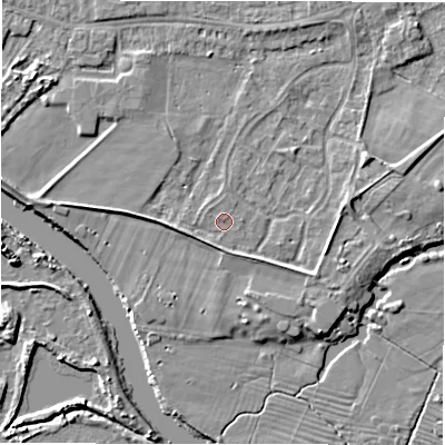 Shaded relief map of the ground around DE143GY, computed from Environment Agency LiDAR. The ground here sits at about 47 m above sea level and falls 6 m across the surrounding 800 m. Surface water reaching this point runs off ground lying to the west-south-west, 1.6 m higher.