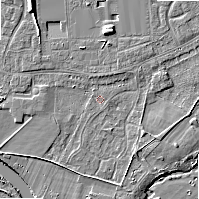 Shaded relief map of the ground around DE143GZ, computed from Environment Agency LiDAR. The ground here sits at about 46 m above sea level and falls 9 m across the surrounding 800 m. Surface water reaching this point runs off ground lying to the south-east, 2.8 m higher.
