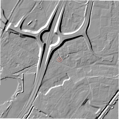 Shaded relief map of the ground around DE143HA, computed from Environment Agency LiDAR. The ground here sits at about 47 m above sea level and falls 11 m across the surrounding 800 m. Surface water reaching this point runs off ground lying to the north-north-west, 9.8 m higher.