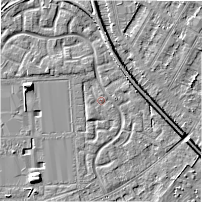 Shaded relief map of the ground around DE143HB, computed from Environment Agency LiDAR. The ground here sits at about 46 m above sea level and falls 7 m across the surrounding 800 m. Surface water reaching this point runs off ground lying to the south-west, 1.7 m higher.