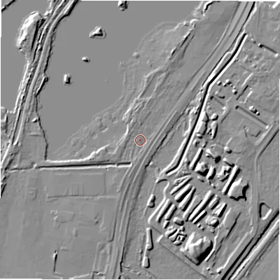 Shaded relief map of the ground around DE143HD, computed from Environment Agency LiDAR. The ground here sits at about 48 m above sea level and falls 9 m across the surrounding 800 m. Surface water reaching this point runs off ground lying to the south-south-west, 1.3 m higher.