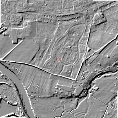 Shaded relief map of the ground around DE143HE, computed from Environment Agency LiDAR. The ground here sits at about 46 m above sea level and falls 4 m across the surrounding 800 m. Surface water reaching this point runs off ground lying to the east-north-east, 2.8 m higher.