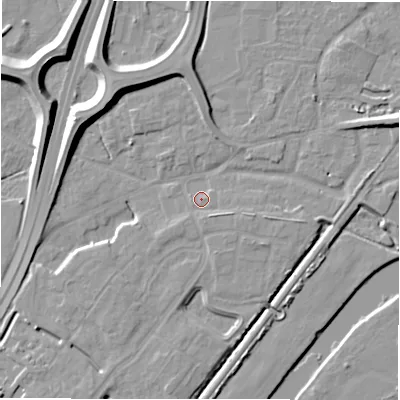 Shaded relief map of the ground around DE143HF, computed from Environment Agency LiDAR. The ground here sits at about 48 m above sea level and falls 11 m across the surrounding 800 m. Surface water reaching this point runs off ground lying to the south-east, 2.9 m higher.