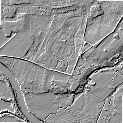 Shaded relief map of the ground around DE143HH, computed from Environment Agency LiDAR. The ground here sits at about 46 m above sea level and falls 4 m across the surrounding 800 m. Surface water reaching this point runs off ground lying to the east-south-east, 2.3 m higher.