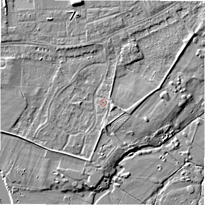 Shaded relief map of the ground around DE143HJ, computed from Environment Agency LiDAR. The ground here sits at about 46 m above sea level and falls 7 m across the surrounding 800 m. Surface water reaching this point runs off ground lying to the east-south-east, 2.7 m higher.
