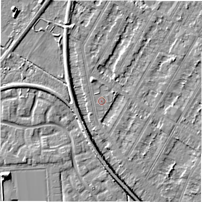 Shaded relief map of the ground around DE143HL, computed from Environment Agency LiDAR. The ground here sits at about 47 m above sea level and falls 6 m across the surrounding 800 m. The ground contributing surface water to this point lies to the west-south-west.