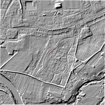 Shaded relief map of the ground around DE143HN, computed from Environment Agency LiDAR. The ground here sits at about 46 m above sea level and falls 7 m across the surrounding 800 m. Surface water reaching this point runs off ground lying to the south-east, 1.6 m higher.