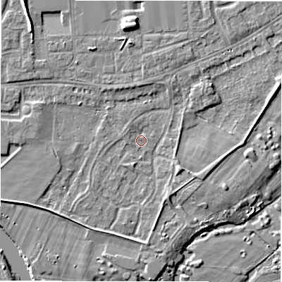 Shaded relief map of the ground around DE143HP, computed from Environment Agency LiDAR. The ground here sits at about 46 m above sea level and falls 7 m across the surrounding 800 m. Surface water reaching this point runs off ground lying to the south-east, 3.1 m higher.