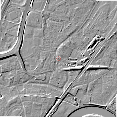 Shaded relief map of the ground around DE143HS, computed from Environment Agency LiDAR. The ground here sits at about 48 m above sea level and falls 10 m across the surrounding 800 m. Surface water reaching this point runs off ground lying to the south-east, 3.8 m higher.