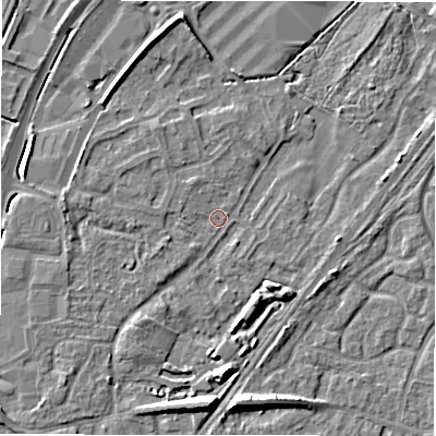 Shaded relief map of the ground around DE143HT, computed from Environment Agency LiDAR. The ground here sits at about 47 m above sea level and falls 8 m across the surrounding 800 m. Surface water reaching this point runs off ground lying to the west, 2.1 m higher.