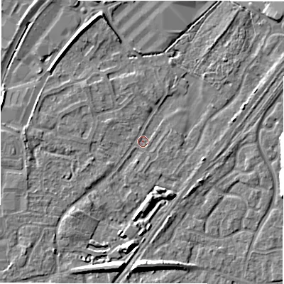 Shaded relief map of the ground around DE143HU, computed from Environment Agency LiDAR. The ground here sits at about 47 m above sea level and falls 8 m across the surrounding 800 m. Surface water reaching this point runs off ground lying to the west, 2.2 m higher.
