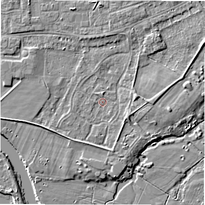 Shaded relief map of the ground around DE143HW, computed from Environment Agency LiDAR. The ground here sits at about 46 m above sea level and falls 4 m across the surrounding 800 m. Surface water reaching this point runs off ground lying to the east, 2.8 m higher.