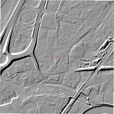 Shaded relief map of the ground around DE143HX, computed from Environment Agency LiDAR. The ground here sits at about 48 m above sea level and falls 11 m across the surrounding 800 m. Surface water reaching this point runs off ground lying to the west, 3.9 m higher.